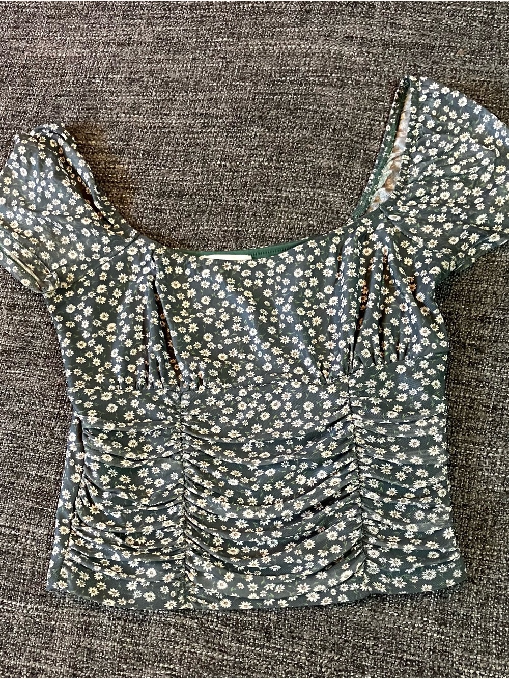 Women's M Green Floral Square-Neck Ruched Top